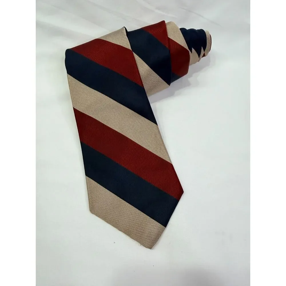 Vintage Tom James Silk Tie Regimental Stripe Red Blue Tan Italian Fabric USA